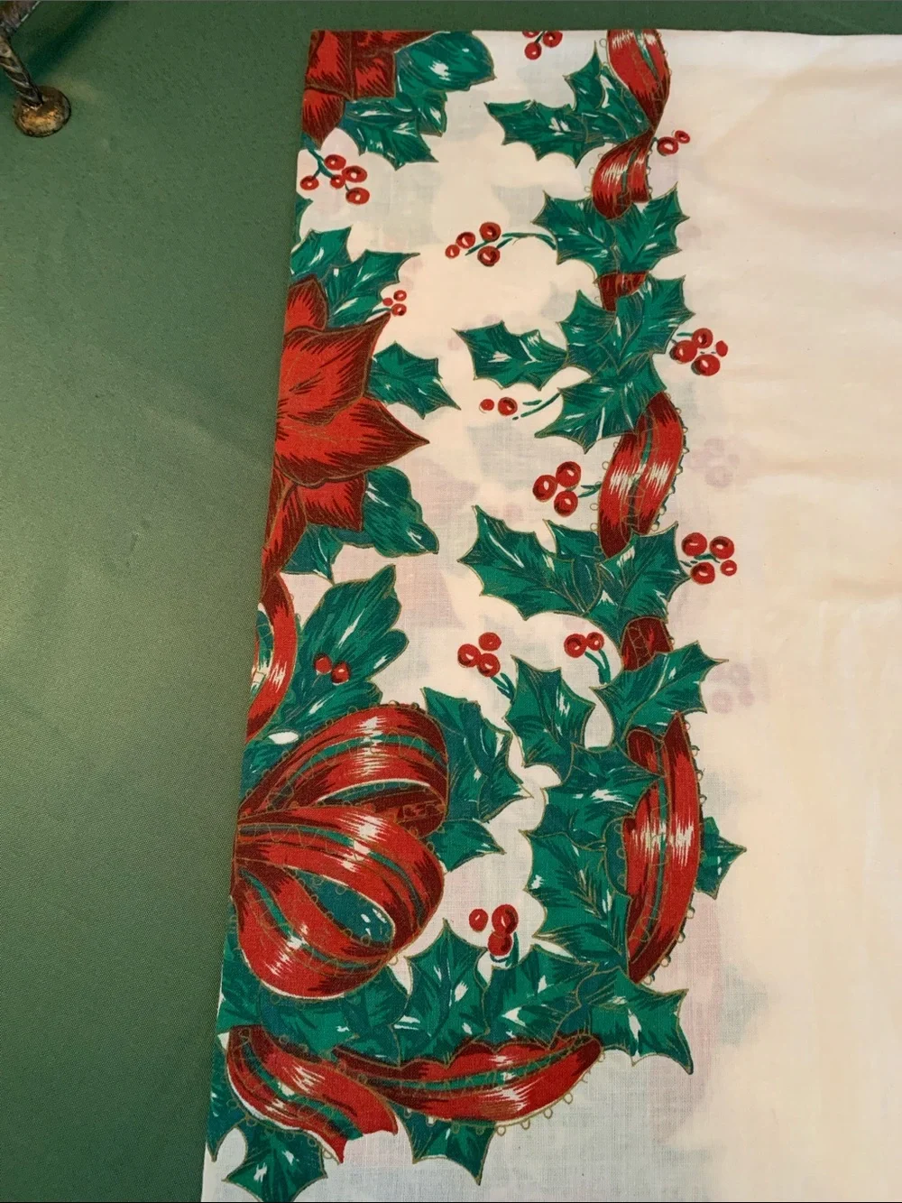 84” X 60” Holly & Poinsettia Linen Blend Christmas Tablecloth  Print Block